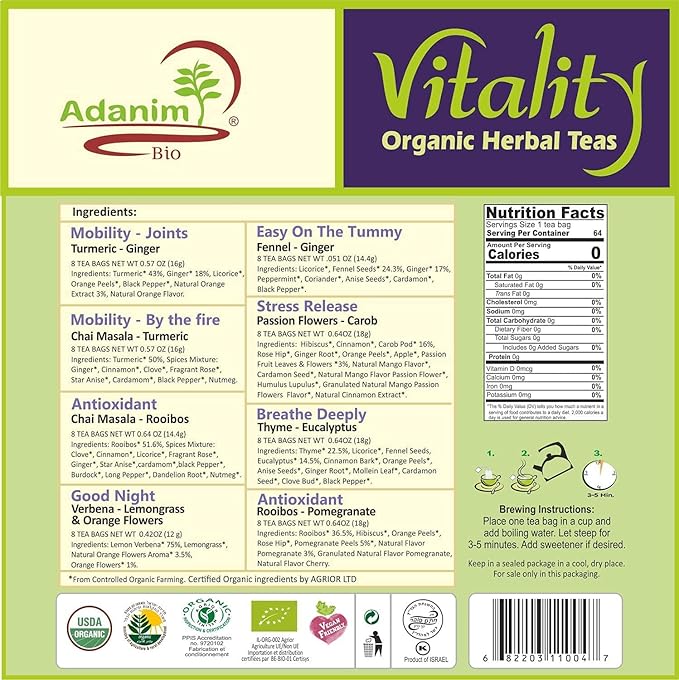 Adanim Bio Vitality Organic Herbal Tea Sampler Gift Box Caffeine Free 8 Unique Flavors for Tea Lovers 64 Individually Wrapped Tea Bags Variety Pack