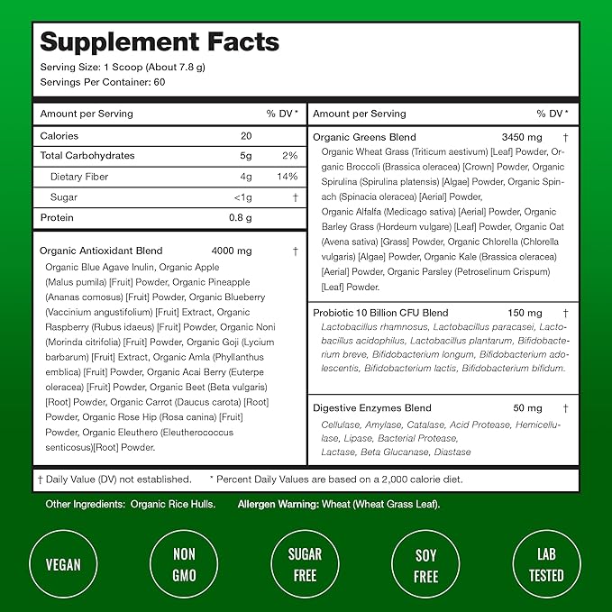 NutraChamps Super Greens Powder Premium Superfood | 20+ Organic Green Veggie Whole Foods | Alfalfa Spirulina Chlorella &amp More | Antioxidant Digestive Enzyme &amp Probiotic Blends | Unflavored