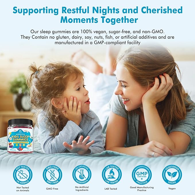 Kids Sleep Gummies with Magnesium Glycinate – Melatonin Free Bedtime Support for Kids – Calm &amp Relaxation with L-Theanine GABA Chamomile &amp Lemon Balm – Sugar Free Mixed Berry Flavor 60 Gumm