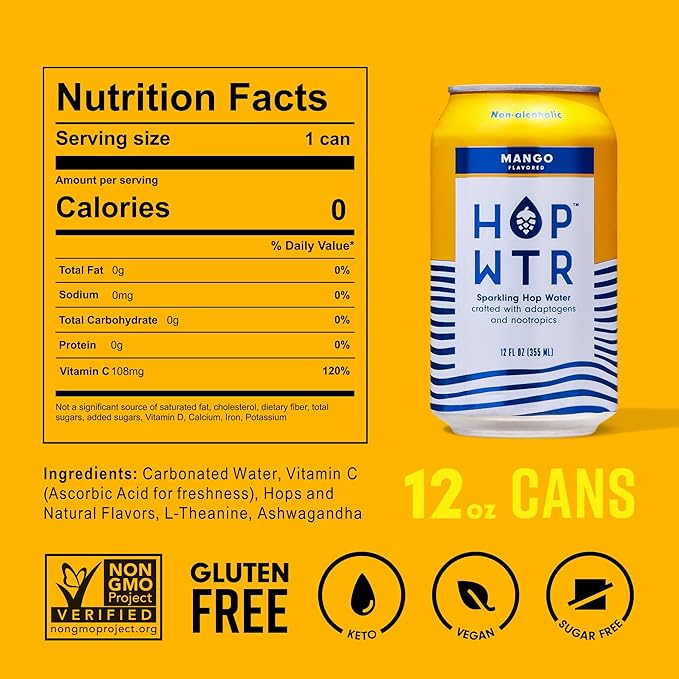 HOP WTR Sparkling Hop Water Mango 12 Pack Sugar Free Low Carb Non Alcoholic Drinks NA Beer Adaptogen Drink No Calories Adaptogens &amp Nootropics for Added Benefits 12 oz Cans