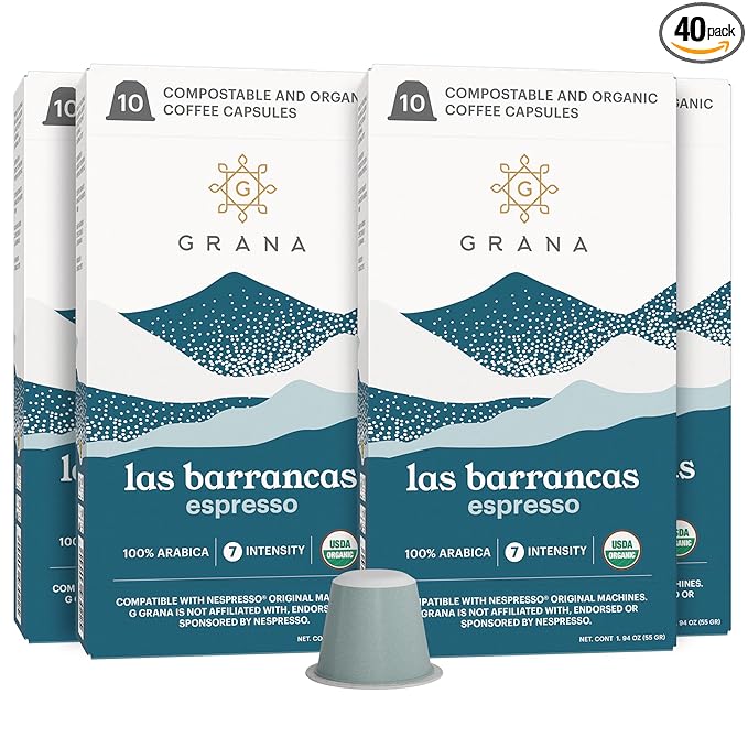 G GRANA Coffee Pods Compatible with Nespresso OriginalLine 40 Count Dark Roast USDA Organic 100% Arabica Single Source Specialty Coffee Compostable Single Serve Capsules Las Barrancas