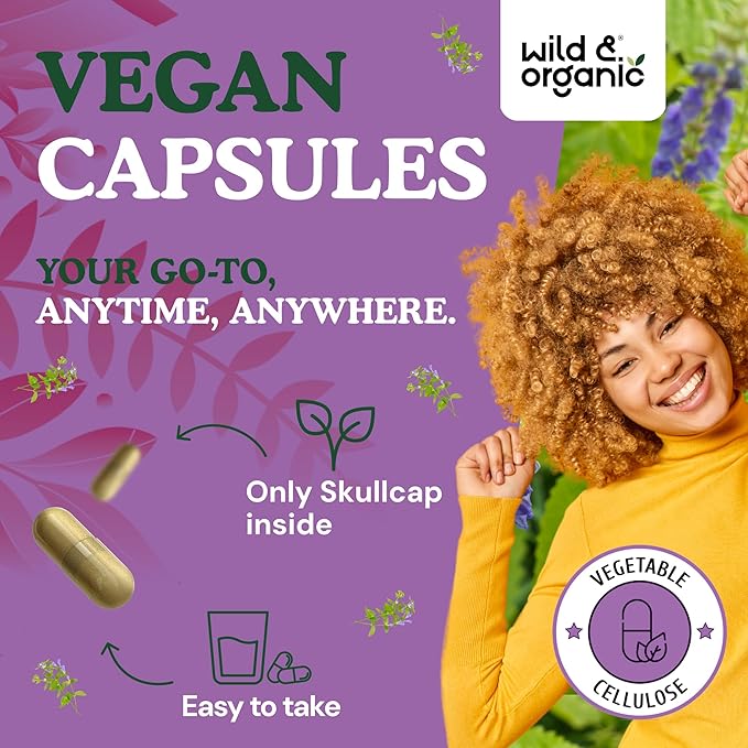 Wild &amp Organic Skullcap Herb Capsules 1200 mg - Calming Skullcap Supplement - 120 Capsules - Scutellaria Lateriflora Leaf Extract - 2-Month Supply - Vegan No Fillers Non-GMO