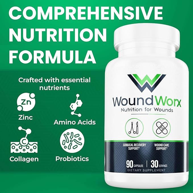 Free Life Labs WoundWorx Nutrition-Scar and Surgery Support Wound Care General and Plastic Surgery Faster Healing w/Vitamins Amino Acids Collagen Probiotics Turmeric Bromelain-90 caps