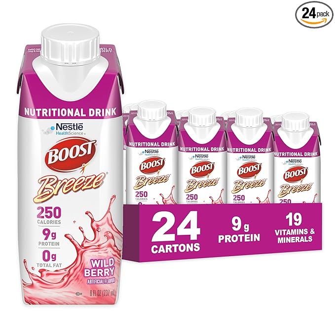 BOOST Breeze Clear Nutritional Drink - 250 Calories - 19 Vitamins &amp Minerals - 9 g Protein – Fortified with Vitamin A &amp Zinc - Wild Berry Flavor - 8 fl oz (Pack of 24)