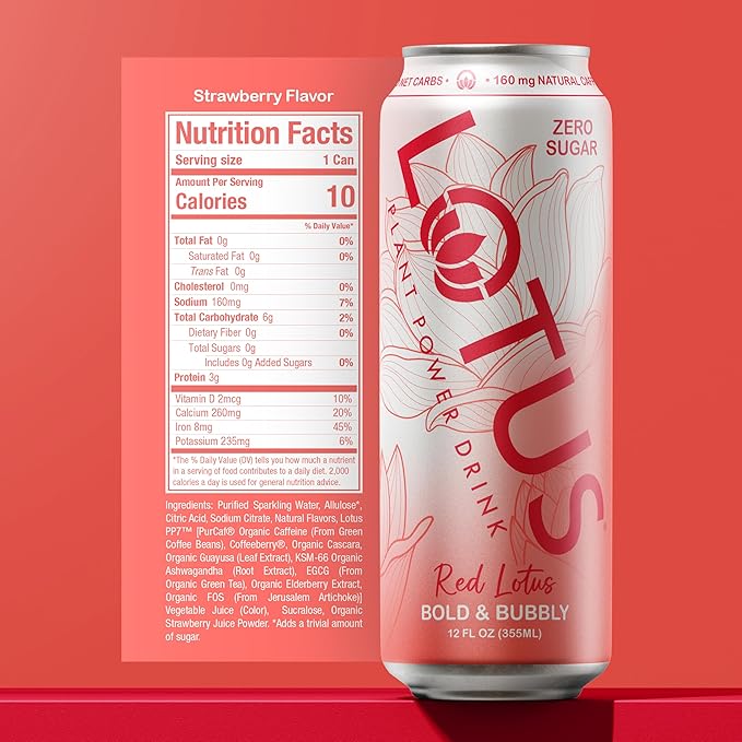 Red Lotus Plant Power Drink™ | Sugar Free Low Calorie | 160 mg Natural Caffeine from Green Coffee Bean | Plant-Based Ingredients | Zero Sugar | 10 Calories | 12 oz Cans | 12 Count