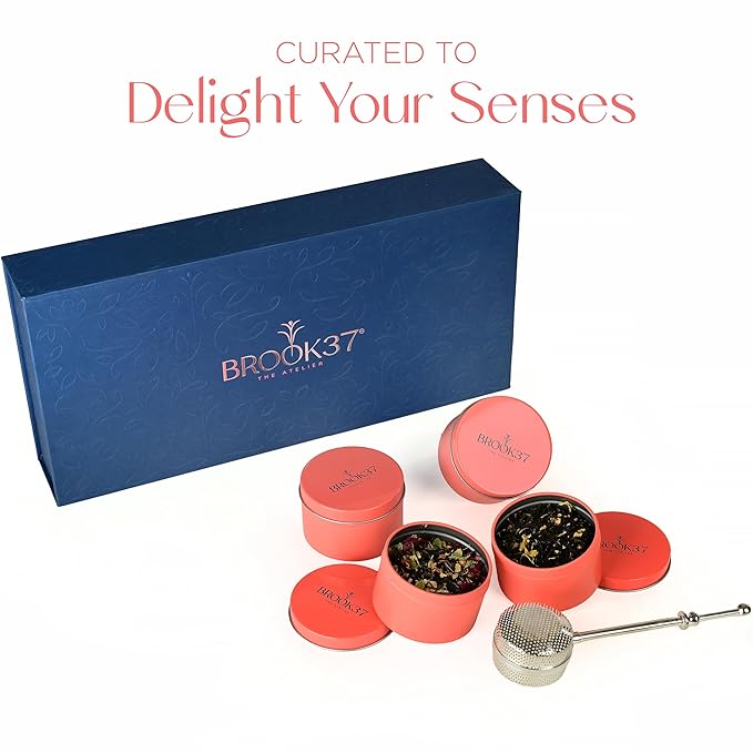 Brook37 Epicurean Tea Gift Box - 4-Pc Assorted Loose Leaf Tea Variety Pack Collection| Handcrafted Silver Plated Tea Infuser and Gift Box included | English Breakfast Phyllis Earl Grey Bengal Chai