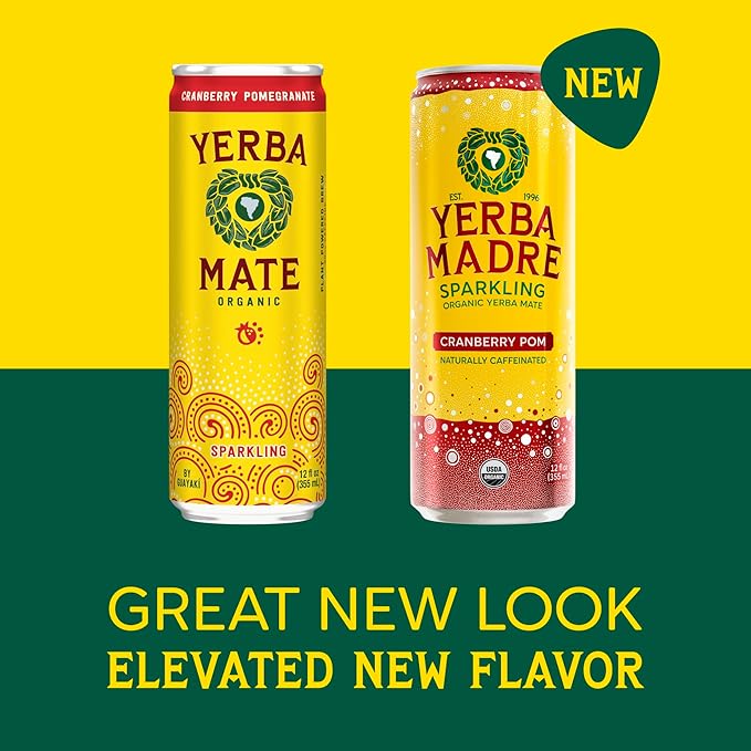 Yerba Madre Organic Sparkling Yerba Mate Cranberry Pom 115mg Natural Plant Based Caffeine Smooth Energy &amp Focus Carbonated 12oz Cans (Pack of 12) (Packaging May Vary)