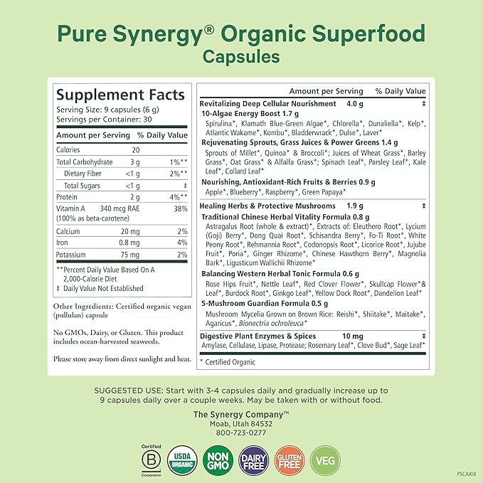 PURE SYNERGY Superfood Capsules | Organic Superfood &amp Greens Supplement | Whole Foods Like Super Greens Spirulina &amp Mushrooms | for Energy Healthy Aging &amp Immune Health (270 Capsules)