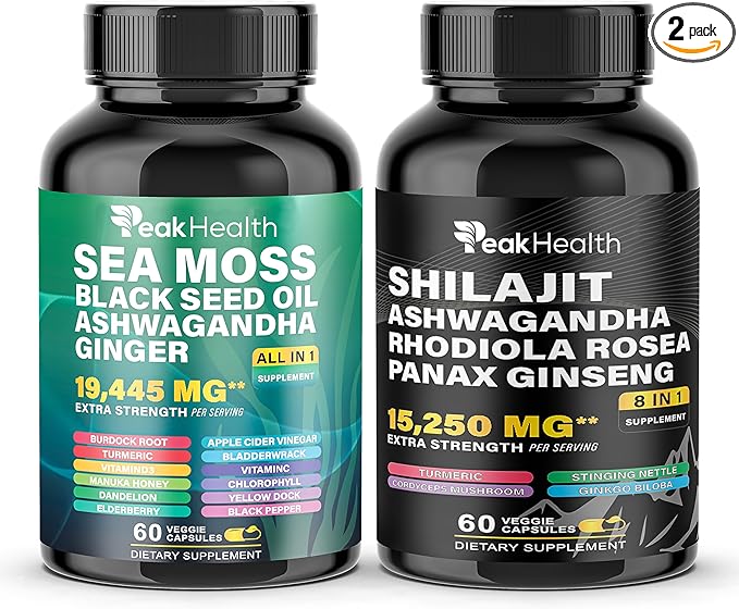 Shilajit Sea Moss Black Seed Oil Ashwagandha Capsules for Man Woman2 Bottle Combo with Turmeric Panax Ginseng Rhodiola19445mg Herbal FormulaEnergy &amp Immune Support 60 Capsules