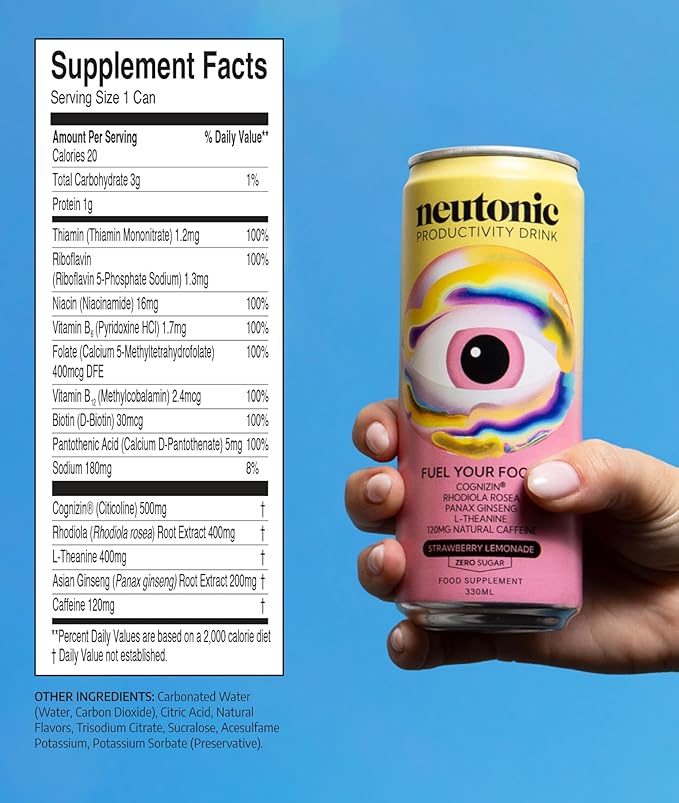 Neutonic Nootropic Productivity Energy Drink | Strawberry Lemonade 12 Cans | 120mg Natural Caffeine Zero Sugar | Support Memory Mental Clarity Cognitive Function | Boost Focus Energy Brain Health