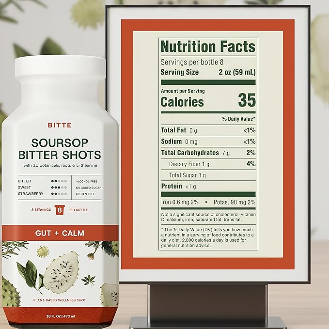 bitte Gut + Calm Soursop Shots – 6 Pack Ready to Drink Strawberry Soursop Whole Super Fruit + Herbal Bitters – 24-Hour Support Ritual Eco-Friendly Glass Bottle – 96 fl oz Total (48 Servings)