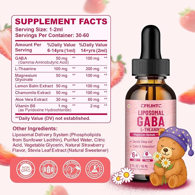 Liposomal GABA L-Theanine Drops for Kids - Liquid GABA Supplement with Magnesium Chamomile Lemon Balm &amp Vitamin B6 - Support Relaxation Focus &amp Stress Relief for Kids &amp Adults - Strawbe
