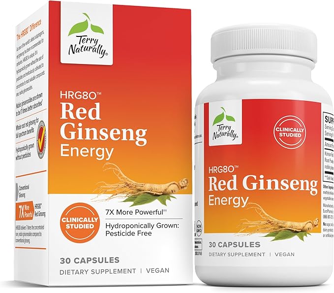 Terry Naturally HRG80 Red Ginseng Energy - Supplement to Support Healthy Energy &amp Focus - Herbal Supplement with Korean Red Ginseng Root Powder - Vegan Tablets to Aid Healthy Endurance - 30 Capsul