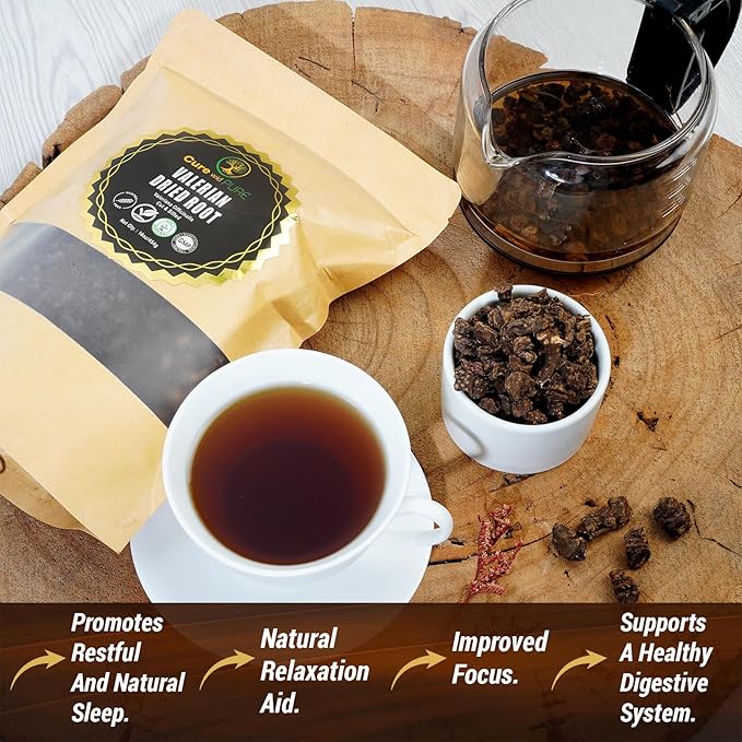 Cure wid Pure Organic Valerian Root Tea - CutSifted &amp Non-Irradiated Valerian Tea Promotes Natural Relaxing Sleep - Te De Valeriana officinalis in Resealable Eco Friendly Pouch 16oz
