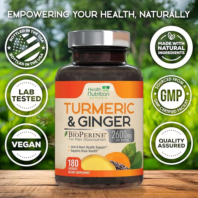 Turmeric Curcumin Supplement - 2200mg Curcumin Complex &amp 400mg Organic Ginger per Serving - 95% Curcuminoids &amp BioPerine Black Pepper for Best Absorption &amp Joint Support Bottled in USA -