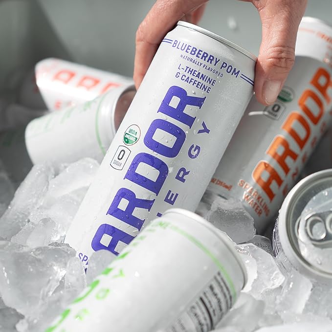 ARDOR ENERGY Sparkling Water with 100mg Natural Caffeine &amp 200mg L-Theanine from Organic Green Tea for Smooth Energy &amp Focus | Healthy Energy Drink | No Sugar Zero Calories Vegan Gluten-Fre