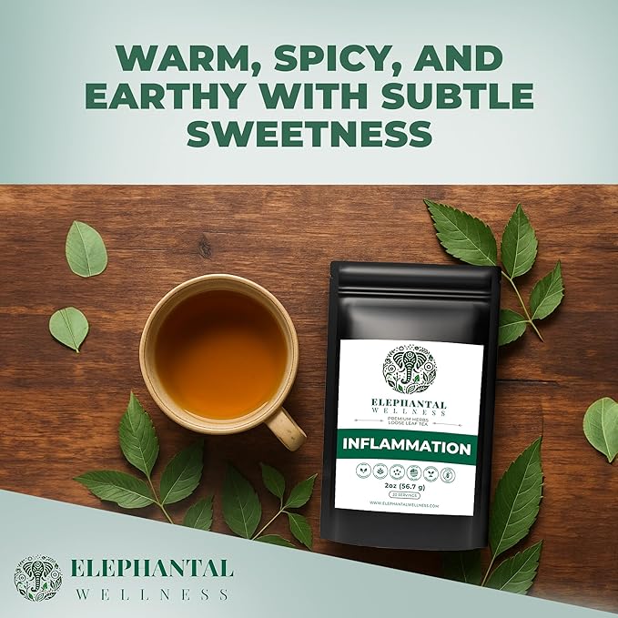 Elephantal Wellness Premium Inflammation Herbal Tea | Comfort &amp Mobility Blend with Turmeric Boswellia White Willow Bark &amp Ginger | Handmade Non-GMO Caffeine-Free Loose Leaf 2oz 20 Servi