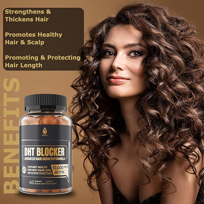 DHT Blocker Gummies Hair Growth Supplement Super Potency Saw Palmetto &amp Biotin 10000 mcg for Women &amp Men Plus 12 Proprietary Blend - Prevent Hair Loss Blocking DHT Receptors 2Pc/120ct