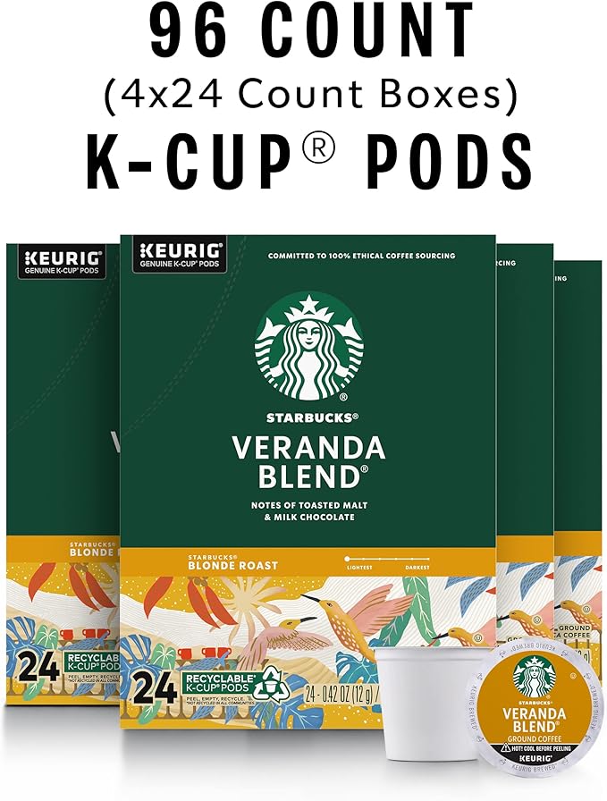Starbucks K-Cup Coffee Pods Starbucks Blonde Roast Hot or Iced Coffee Veranda Blend 96 Keurig Pods