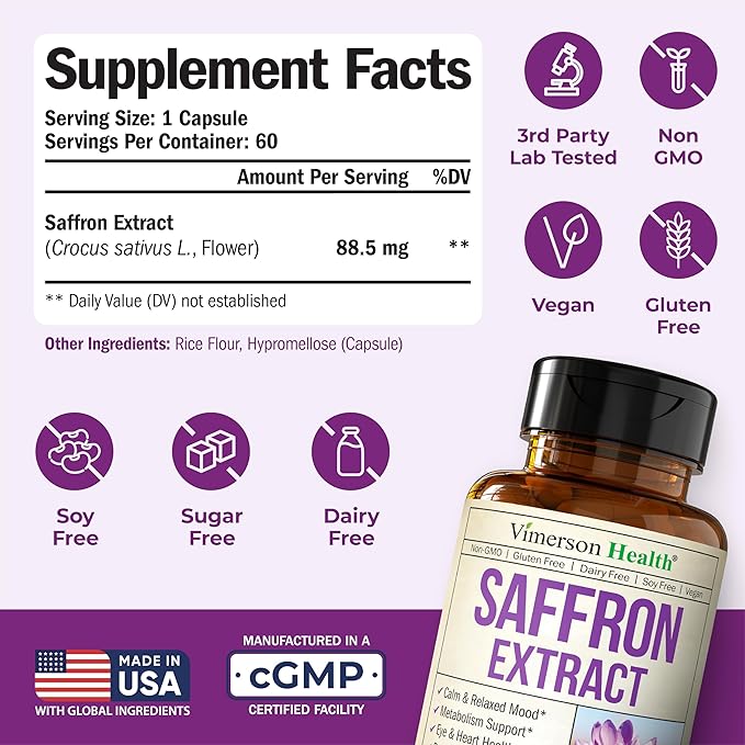 Pure Saffron Supplements for Women &amp Men w/ 88.5mg Saffron Extract – Mood Support Supplement Plus Eye Health – Azafran Safron Spice Alternative to Gummies or Powder – 60 Vegan Count – 2 Month Supp