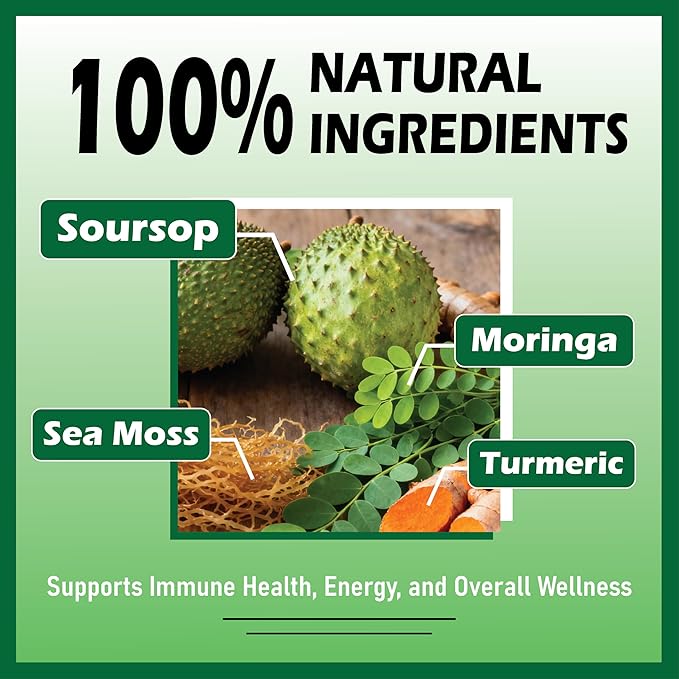 Soursop Liquid Drops 10 in 1 with Sea Moss Moringa Turmeric Black Seed Oil and Other Plant Elements– Vegan Non-GMO Immune &amp Energy Support – 2 fl oz (1pc)