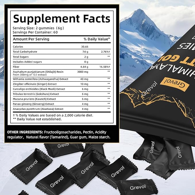 Himalayan Shilajit Gummies with Ashwagandha Fulvic Acid &amp 85+ Trace Minerals - No Added Sugar - Individually Wrapped - 120 Gummy
