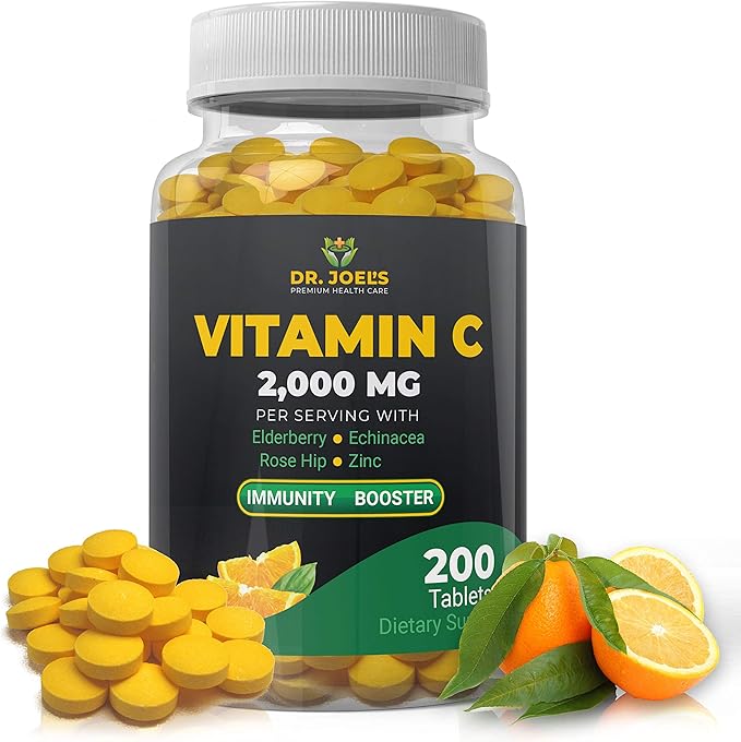 Dr. JOEL'S Immune Support Vitamin C 2000 mg - 200 Tablets - with Zinc Elderberry Rose Hip Echinacea - Boosts Immune System- Made in USA