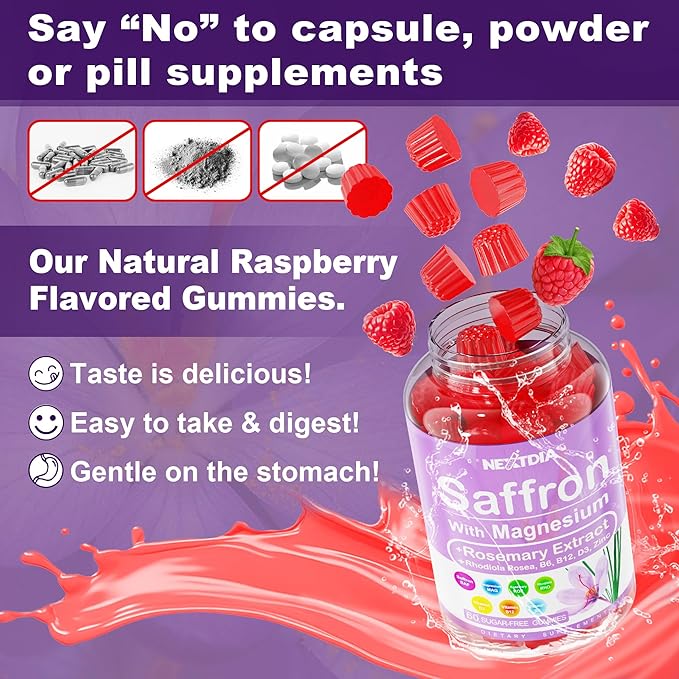 Saffron Supplements Gummies - 4 Months Supply - Saffron Extract 177mg 88.5mg w/Magnesium Glycinate 400mg 200mg Rhodiola Rosea Rosemary B6 B12 D3 for Calm Nerve Rest Focus Sugar-Free 2 Pack