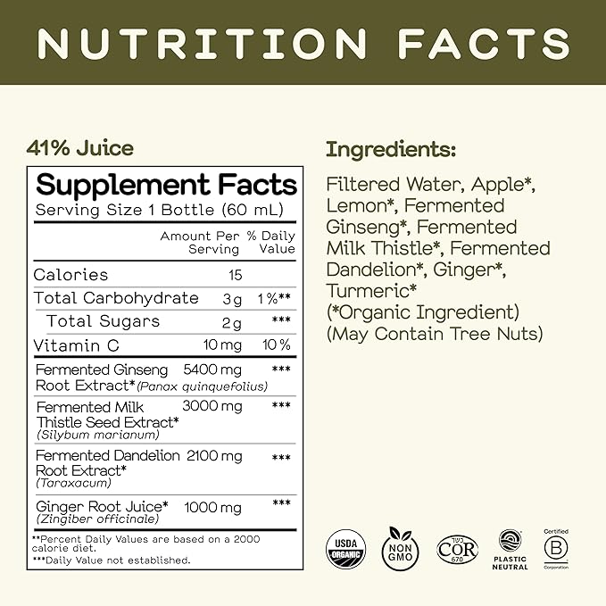 Greenhouse Juice Detox Wellness Shots Organic Immunity Shots Juice Liver Health Wellness + Anti-Inflammatory with Ginseng Milk Thistle and Dandelion Vegan &amp Gluten-Free (2 Oz Pack of 12)