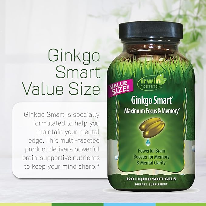 Irwin Naturals Ginkgo Smart - Brain Supplements for Memory and Focus with Ginkgo Biloba Acetyl-L-Carnitine DMAE and BioPerine® for Superior Absorption - 120 Liquid Soft-Gels