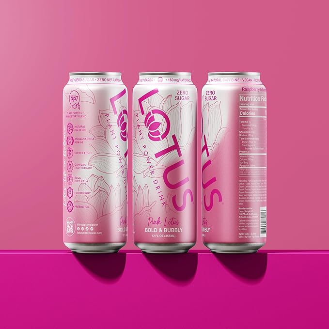 Pink Lotus Plant Power Drink™ | Sugar Free Low Calorie | 160 mg Natural Caffeine from Green Coffee Bean | Plant-Based Ingredients | Zero Sugar | 10 Calories | 12 oz Cans | 12 Count