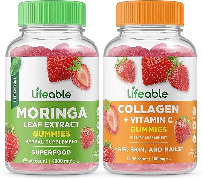 Lifeable Moringa Leaf + Collagen &amp Vitamin C Gummies Bundle - Great Tasting Vitamin Supplement Gluten Free GMO Free Chewable Gummy