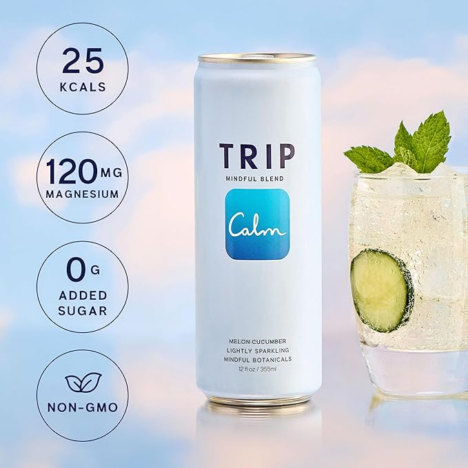 TRIP Lightly Sparkling Adaptogen Drink Non Alcoholic Drink with Magnesium Ashwagandha Lions Mane &amp L Theanine No Added Sugar Mocktail Vegan Melon Cucumber 12 Oz 12Pk
