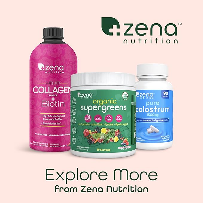 Zena Nutrition Liquid Collagen Peptides and Biotin Mixed Berry 20.3 Fl Oz + Organic Supergreens Greens Powder 70+ Superfoods Mango 30 Servings