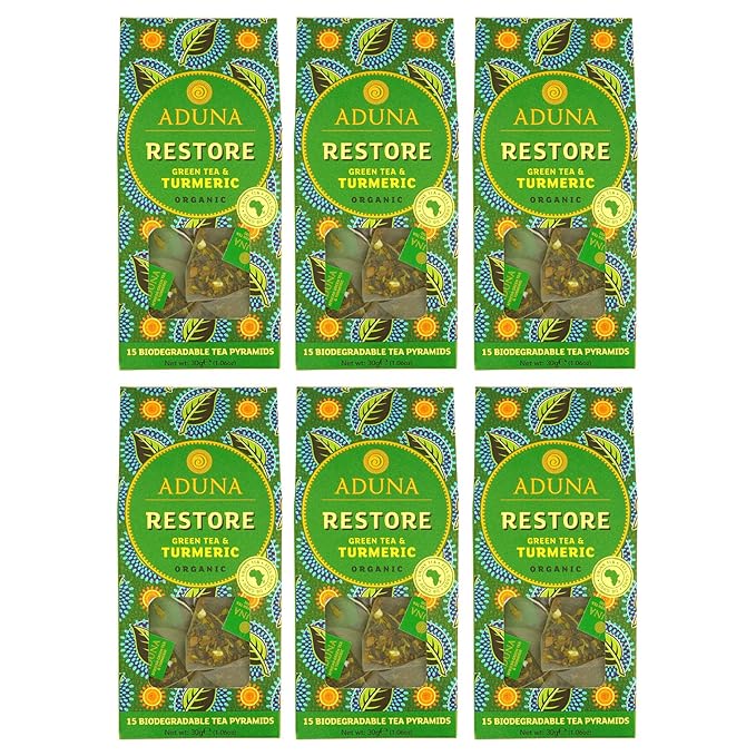 Aduna Organic Restore Green Super Tea | Natural Herbal Infusion With African Green Tea Turmeric &amp Citrus | Superfood Tea for Digestive Health &amp Immunity | 15 Biodegradable Pyramid Bags x 6 Pa