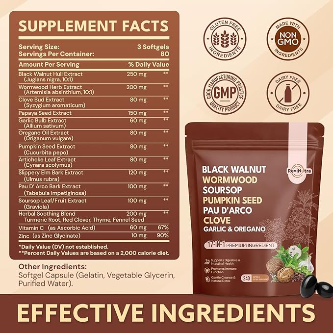 17-in-1 Wormwood Black Walnut Clove Cleanse for Humans Softgels - Support Gut Cleanse &amp Digestive Health with Garlic Pumpkin Seed PAU D'Arco Oil of Oregano Turmeric Zinc Vitamin C 240 Softg