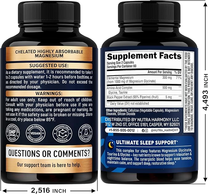 Magnesium Glycinate - Sleep &amp Relaxation Support - Extra Strength Glycinate Glycine &amp Taurine 1500 mg - Magnesium Supplement for Women &amp Men - Chelated &amp High Absorption - Made in USA