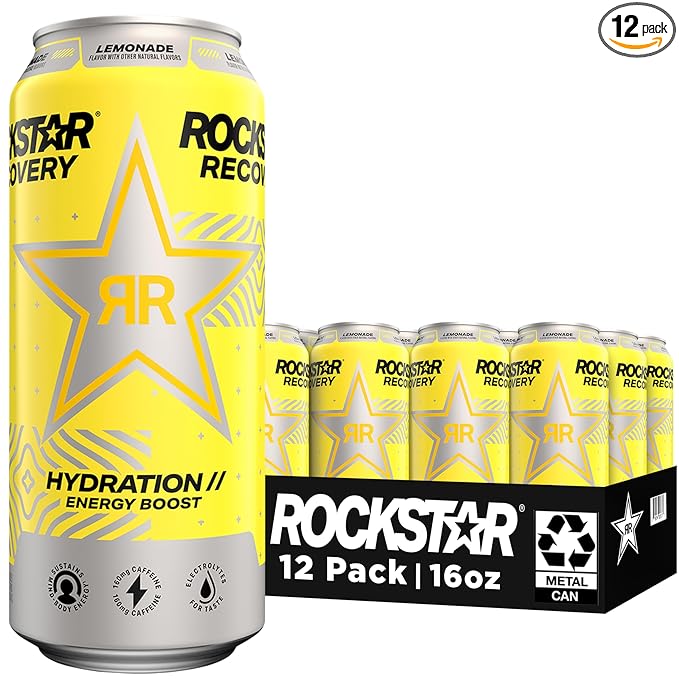 Rockstar Energy Drink with Caffeine Taurine and Electrolytes Recovery Lemonade 16oz (12 Pack) (Packaging May Vary)