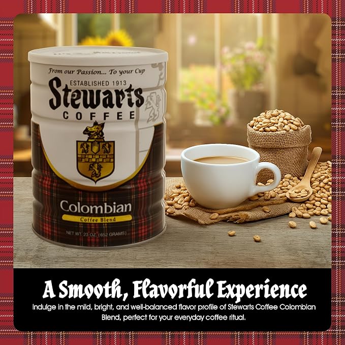 Stewarts Colombian Light Medium Roast Ground Coffee Blend - Mild Bright Tasty Flavored Gourmet Coffee Grounds - Great for Hot Cold Brew Morning Breakfast Cafe &amp More (23oz Pack of 6 Cans)