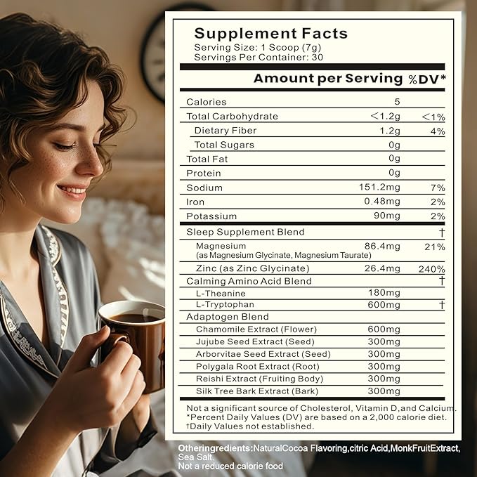 Magnesium Hot Cocoa – Melatonin-Free Natural Sleep Aid Hot Chocolate for Adults with Reishi Mushroom L-Theanine &amp Zinc Glycinate – Relaxation &amp Restful Sleep Support Mushroom Coffee 30 Servi