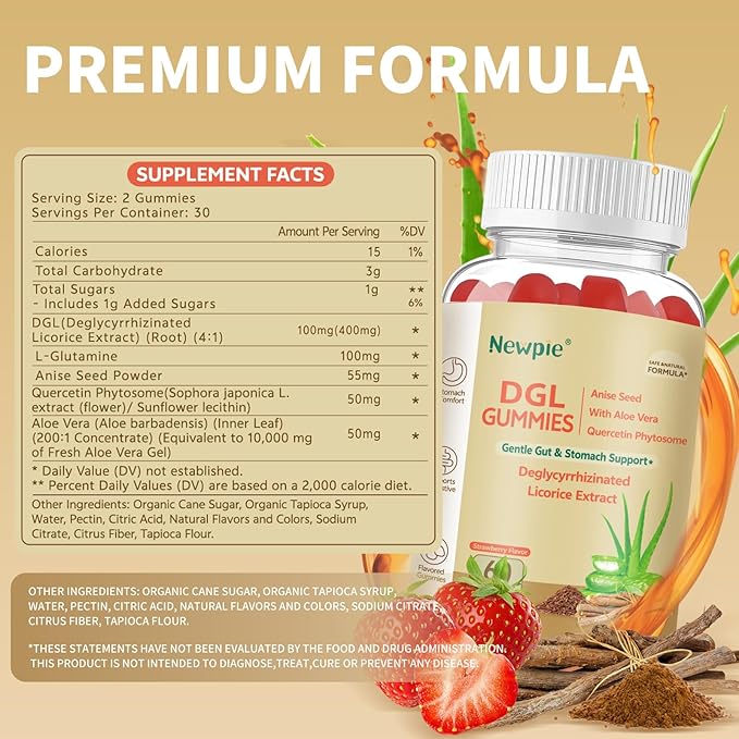 DGL Gummies | Deglycyrrhizinated Licorice Root Extract Quercetin Aloe Vera Anise Seed Powder | Gut Health Stomach Soothe Gerd Support Digestive Comfort | Gluten Free 60 ct(Strawberry Flavor)