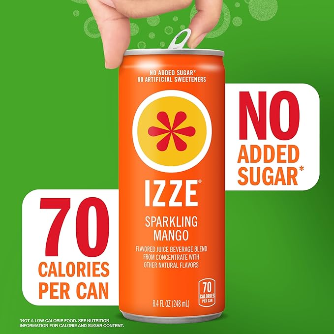 IZZE Sparkling Water Juice Beverage Blend Mango No Sugar Added 8.4 FL OZ 24 Cans