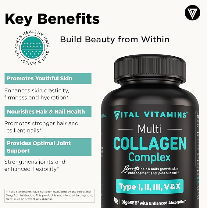 Vital Vitamins Multi Collagen Capsules - Type I II III V X - Grass-Fed Collagen Peptides Supplements Non-GMO - for Men &amp Women - 150 Count