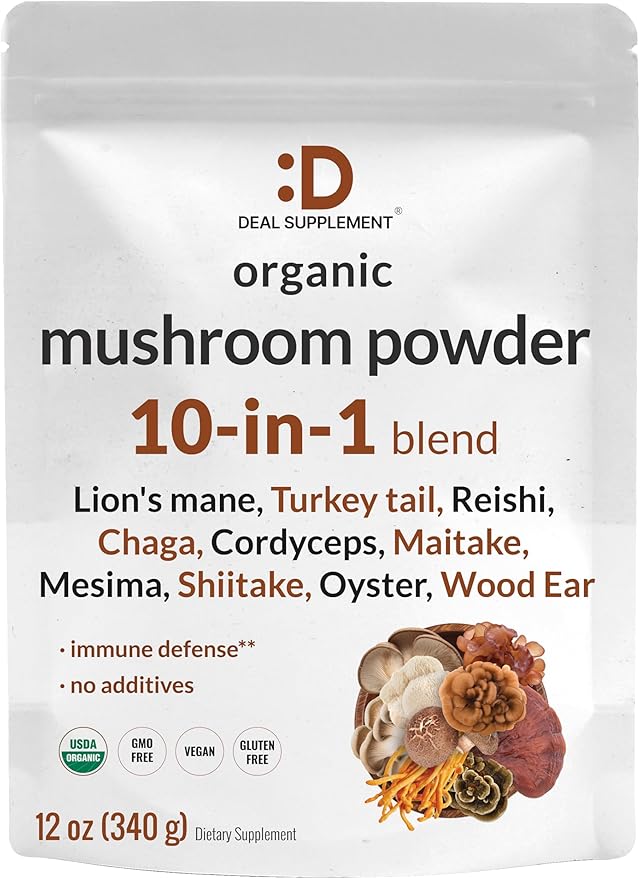 DEAL SUPPLEMENT Organic Mushroom Powder Supplement 12oz – 10 in 1 Active Blend – Shiitake Lions Mane Cordyceps Chaga with More –Supports Immune Energy &amp Brain Health – Non-GMO Vegan