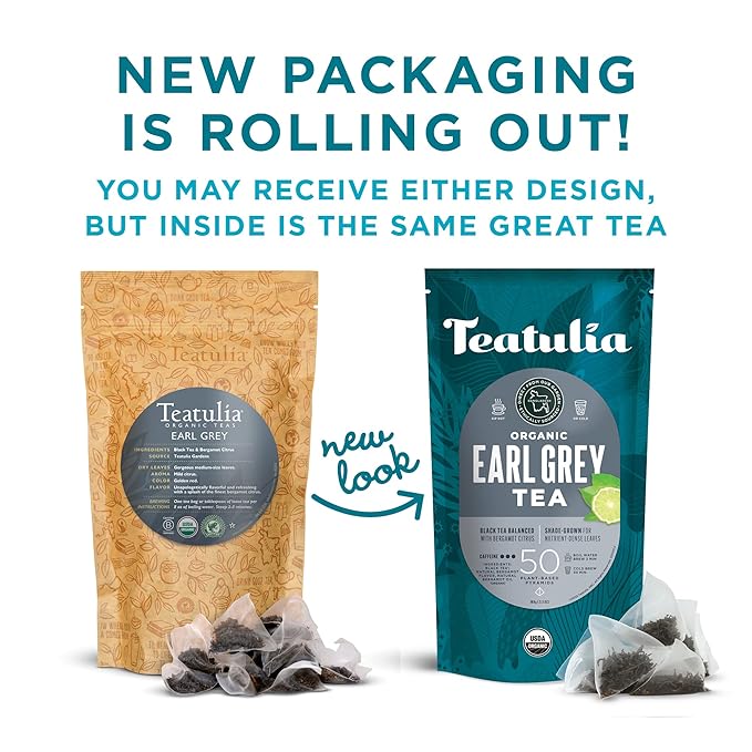 Teatulia Organic Earl Grey Tea Bags (50 Pyramid Sachet Teabags) Whole Leaf Flower 100% Compostable Black Tea + Bergamot Citrus Sustainably Grown In Bangladesh