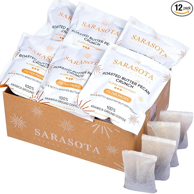 Ground Flavored Coffee In Filter Packs | Medium Roast Low Acid Mold Free Pouches | Butter Pecan Crunch Sampler Packets | Gourmet Powder Bags for 10–12 Cup Drip Maker | Highest Rated Individual Premeas