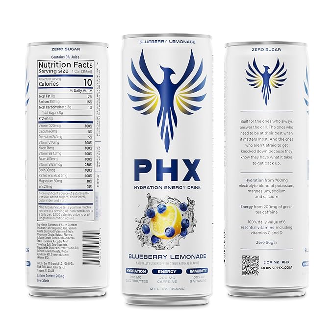 PHX Hydration Energy Drink - 700mg Electrolytes 200mg Natural Green Tea Caffeine 100% Daily Value 8 Essential Vitamins - 12 oz Cans (12 Pack) (12 Pack Blueberry Lemonade)