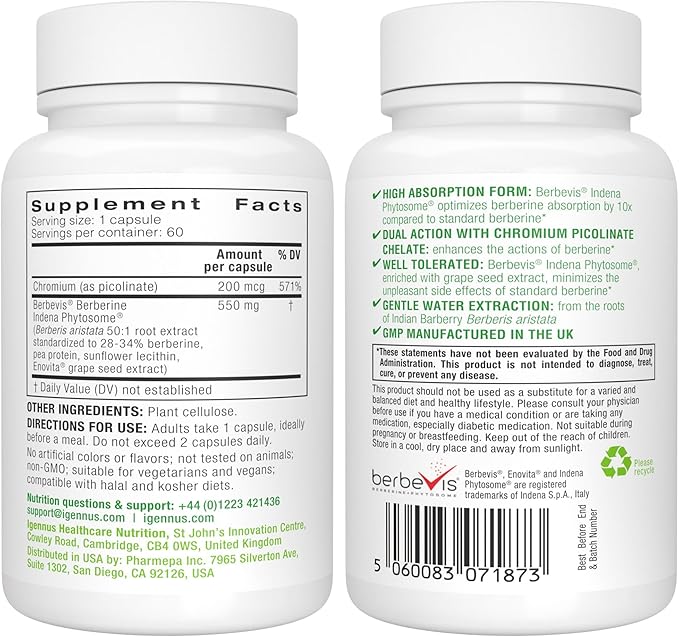 Igennus Dual Action Berberine Phytosome 550mg &amp Chromium Picolinate 10x Absorption Blood Glucose Control Standardized Berberis Extract Supplement Clean Label Vegan 60 Capsules