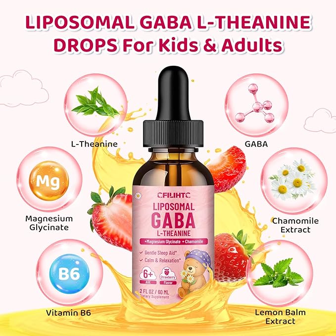 Liposomal GABA L-Theanine Drops for Kids - Liquid GABA Supplement with Magnesium Chamomile Lemon Balm &amp Vitamin B6 - Support Relaxation Focus &amp Stress Relief for Kids &amp Adults - Strawbe