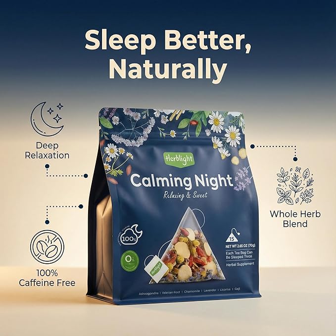 HerbLight Nighty Night Extra Tea – Valerian Root Chamomile &amp Lavender Sleep Blend. Extra Strength Caffeine-Free Herbal Tea for Deep Night-Time Rest 2 Pack (Total 30 Bags)